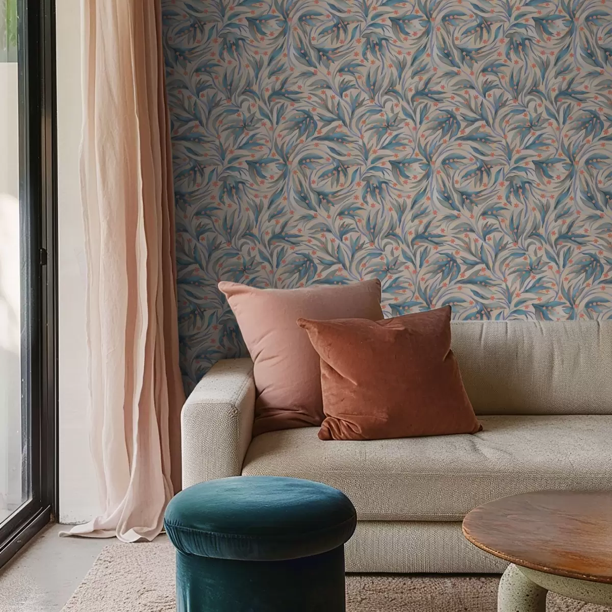 Tapety Abstraktní modré listy s korálovými květy a00852