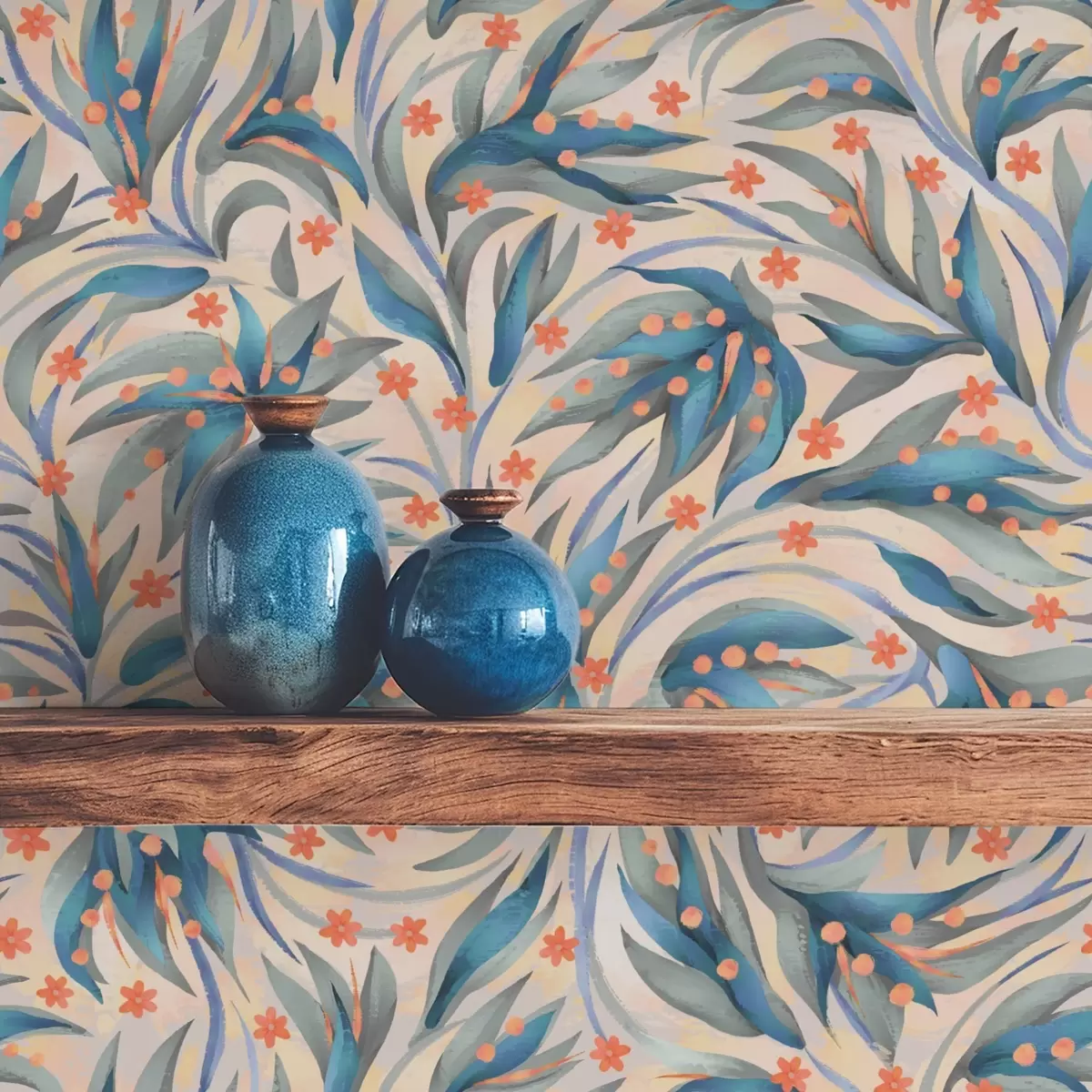 Tapety Abstraktní modré listy s korálovými květy a00852