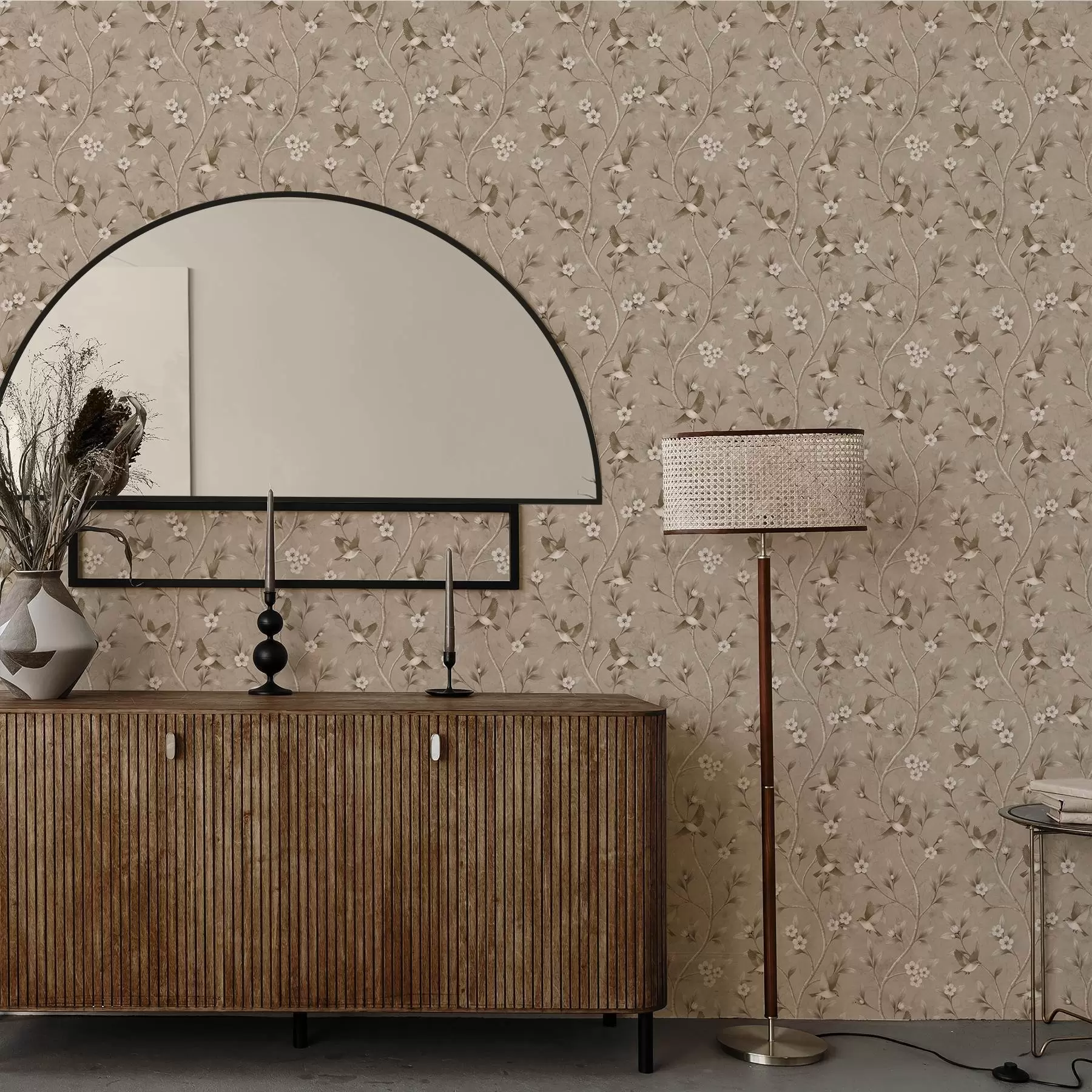 Fototapet Ptáci a rozkvetlé větve v teplých sépiových tónech a00882