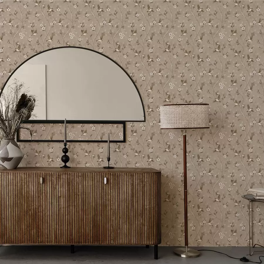 Fototapet Ptáci a rozkvetlé větve v teplých sépiových tónech a00882