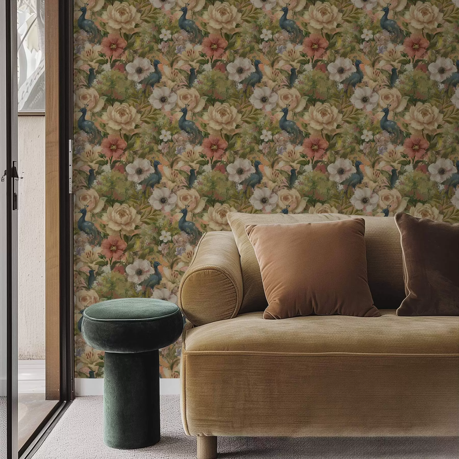 Fototapet Malířská zahrada s pávy a velkými květinami a00885