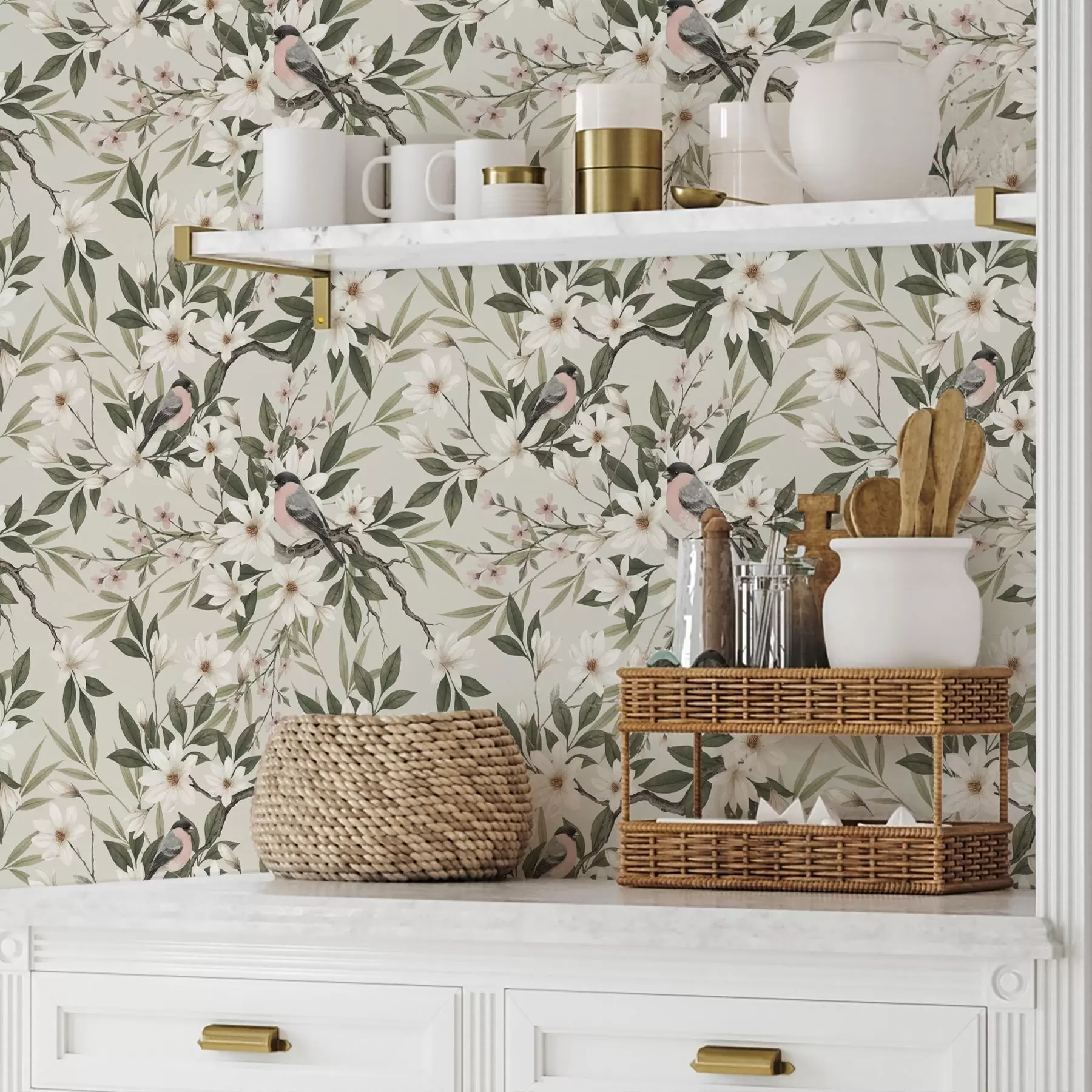 Fototapet Hýlové s bílými hrudkami na větvích s krémovými květy a00889