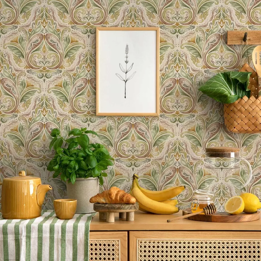 Fototapet Akvarelové listové víry v zelených a teplých okrových tónech a00927