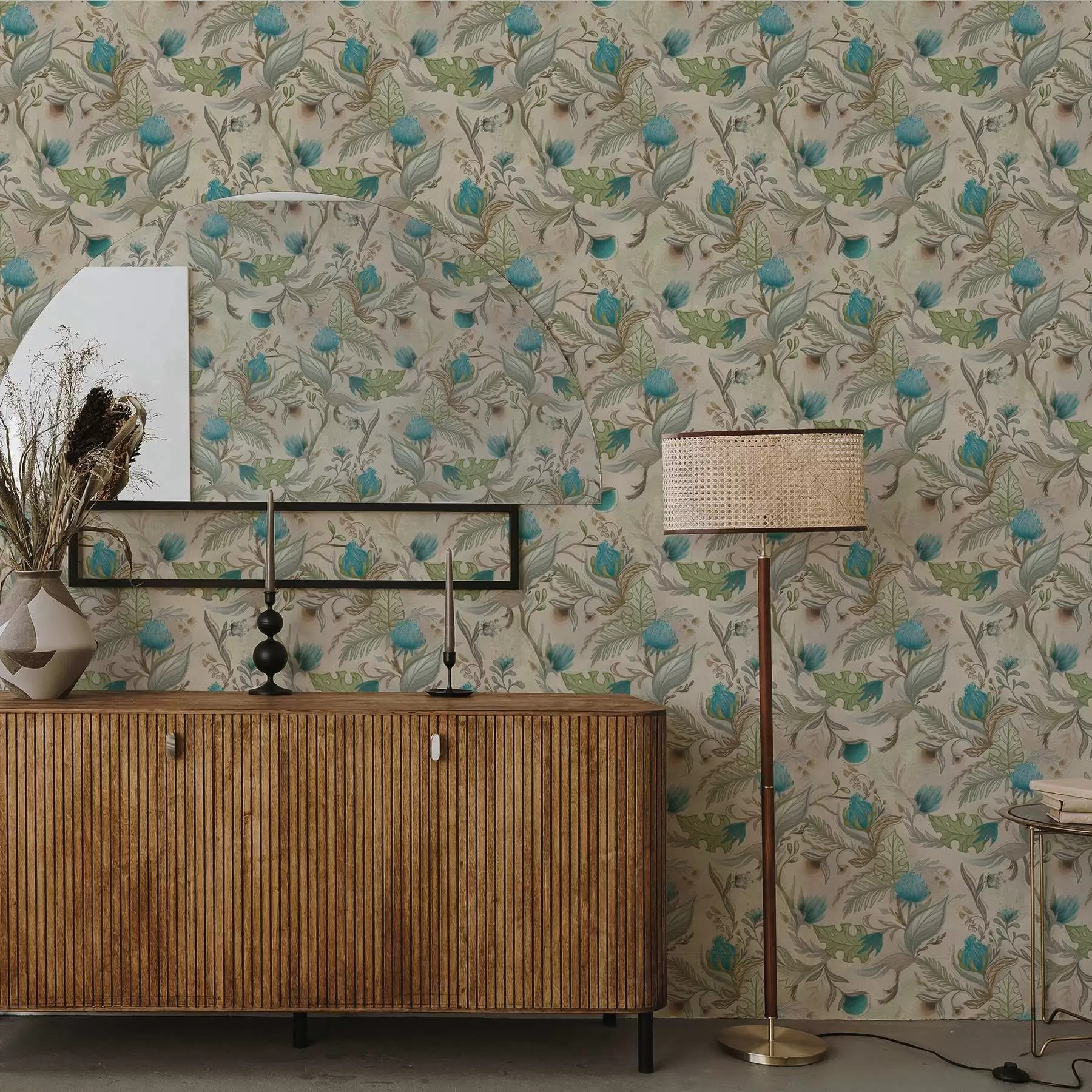 Fototapet Modré pupeny a listy na světle béžovém pozadí a00930