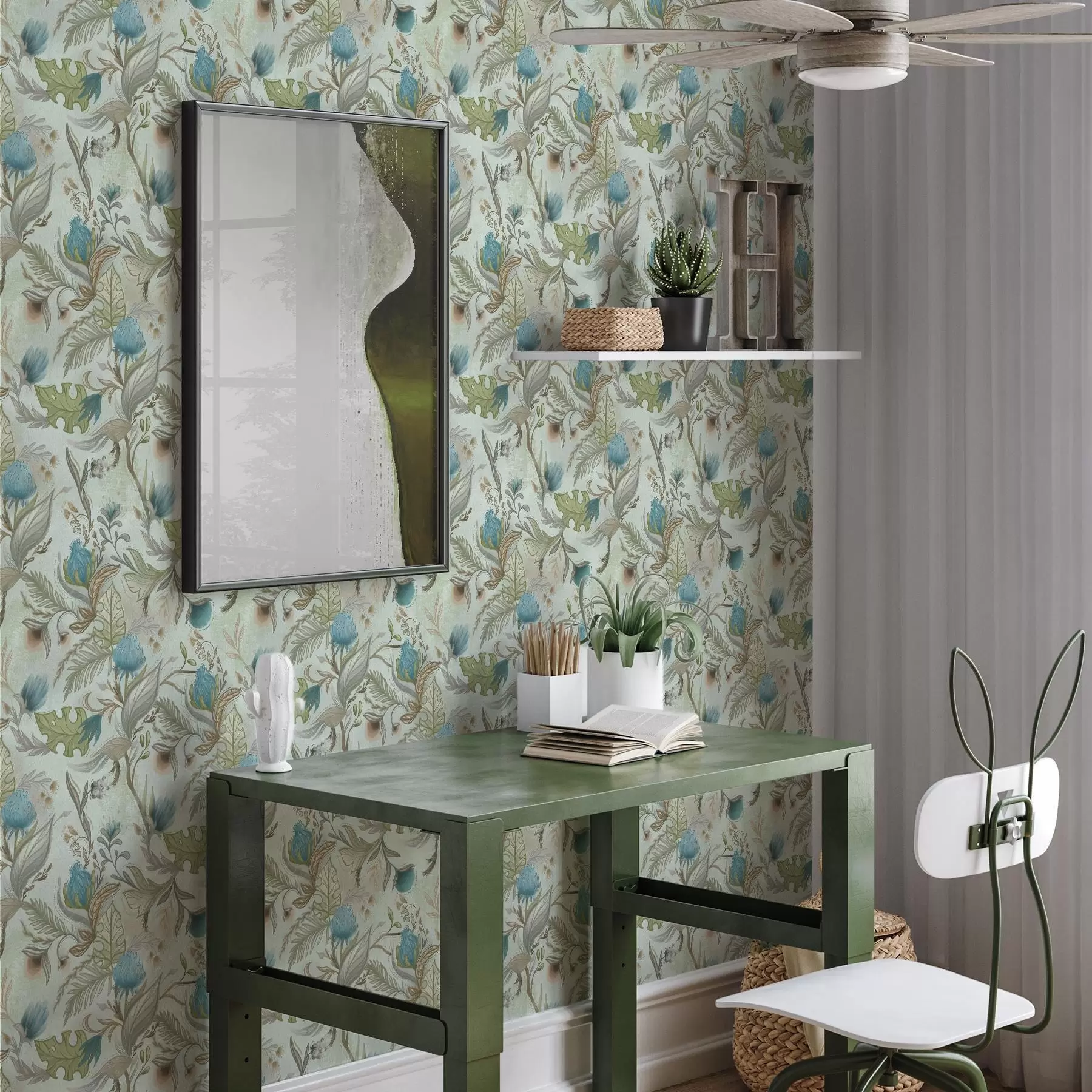 Fototapet Modré květy a zeleň na jemně mátovém pozadí a00930v1