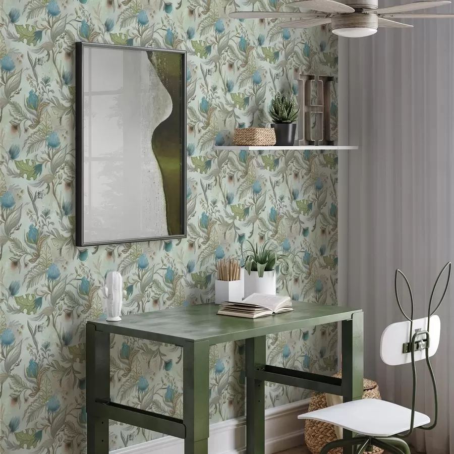 Fototapet Modré květy a zeleň na jemně mátovém pozadí a00930v1