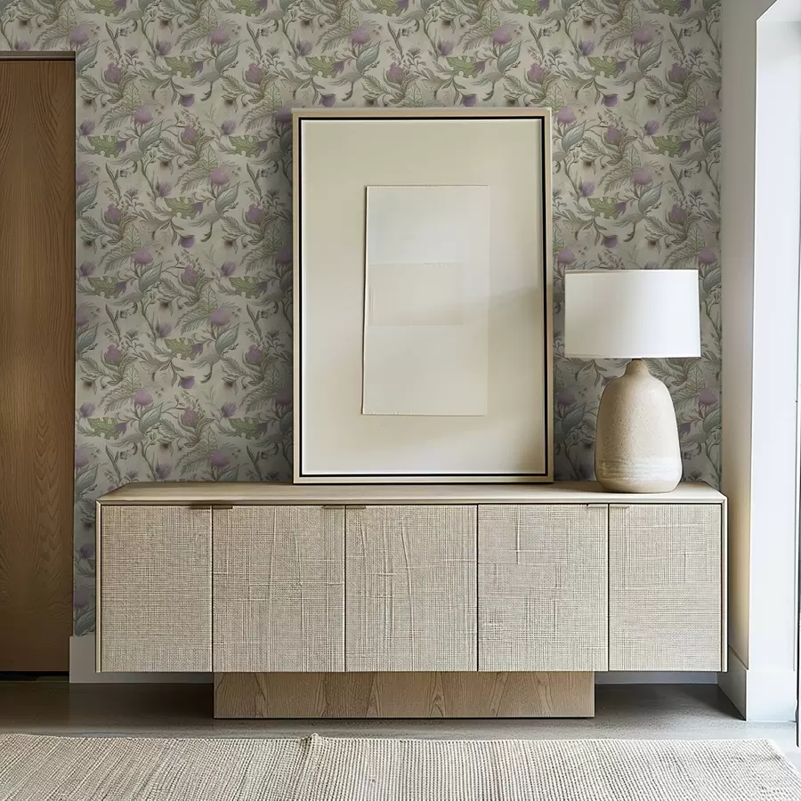 Fototapet Lilové pupeny a jemná zeleň na krémovém pozadí a00930v2