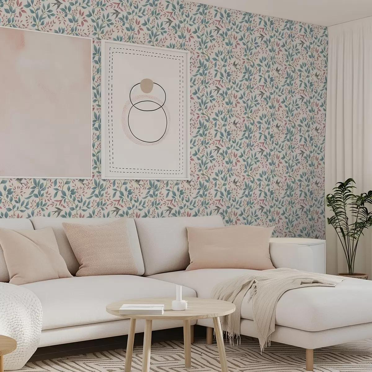 Tapety Modré a růžové větve s ptáky na krémovém pozadí a00933