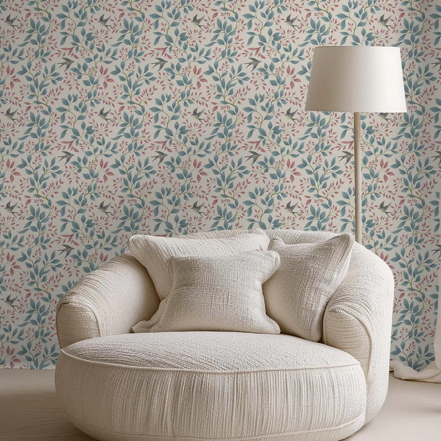 Fototapet Modré a růžové větve s ptáky na krémovém pozadí a00933