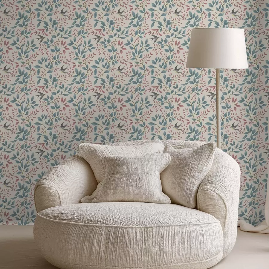 Fototapet Modré a růžové větve s ptáky na krémovém pozadí a00933