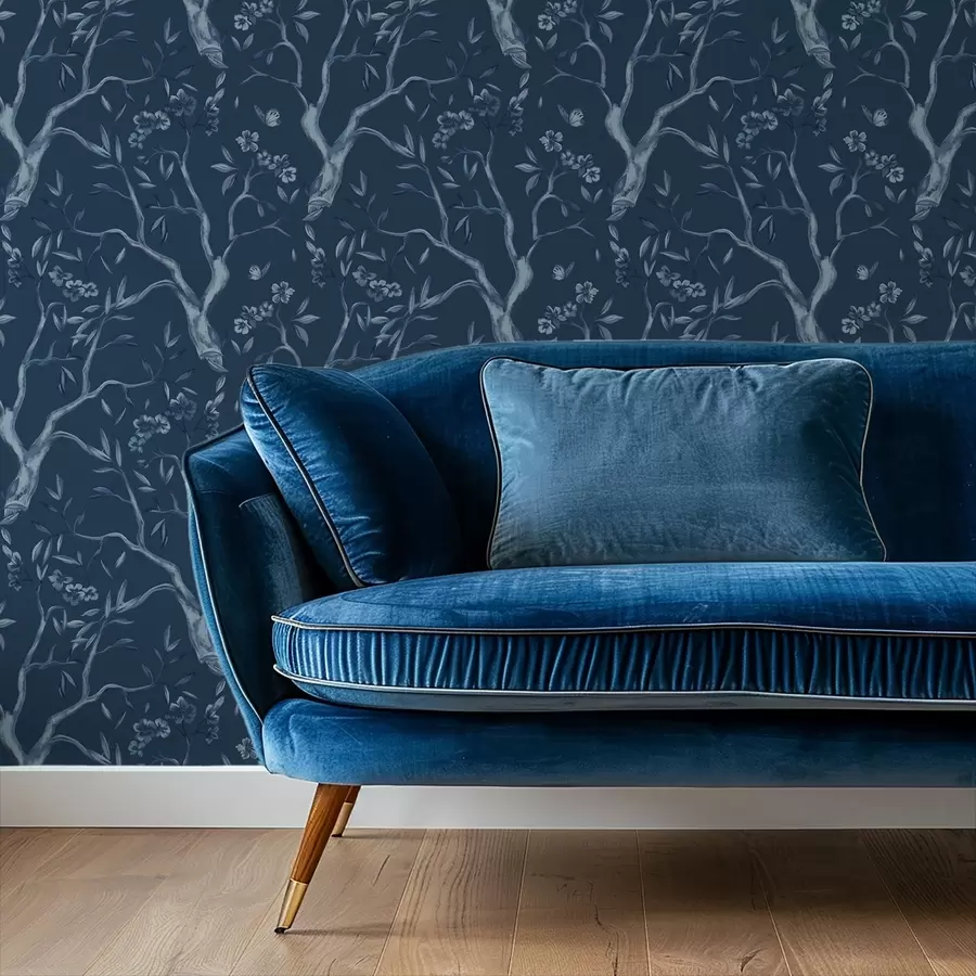 Fototapet Modré kvetoucí větve s motýly na tmavém pozadí a00951v1