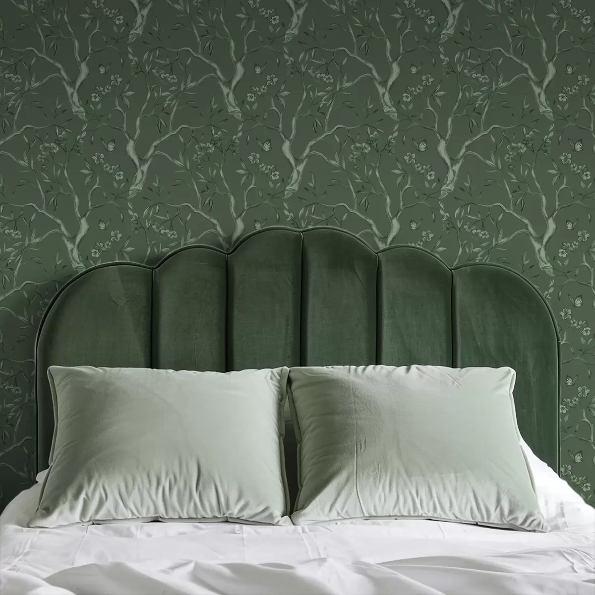 Tapety Zelené kvetoucí větve s motýly na tmavém pozadí a00951v3