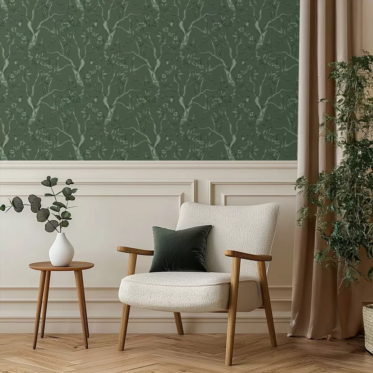 Tapety Zelené kvetoucí větve s motýly na tmavém pozadí a00951v3