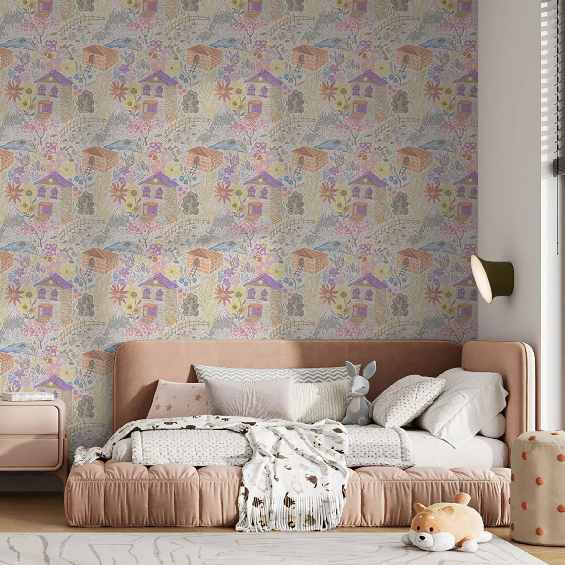 Fototapet Dětská kresba vesnice s domem, horami a květinami a00952