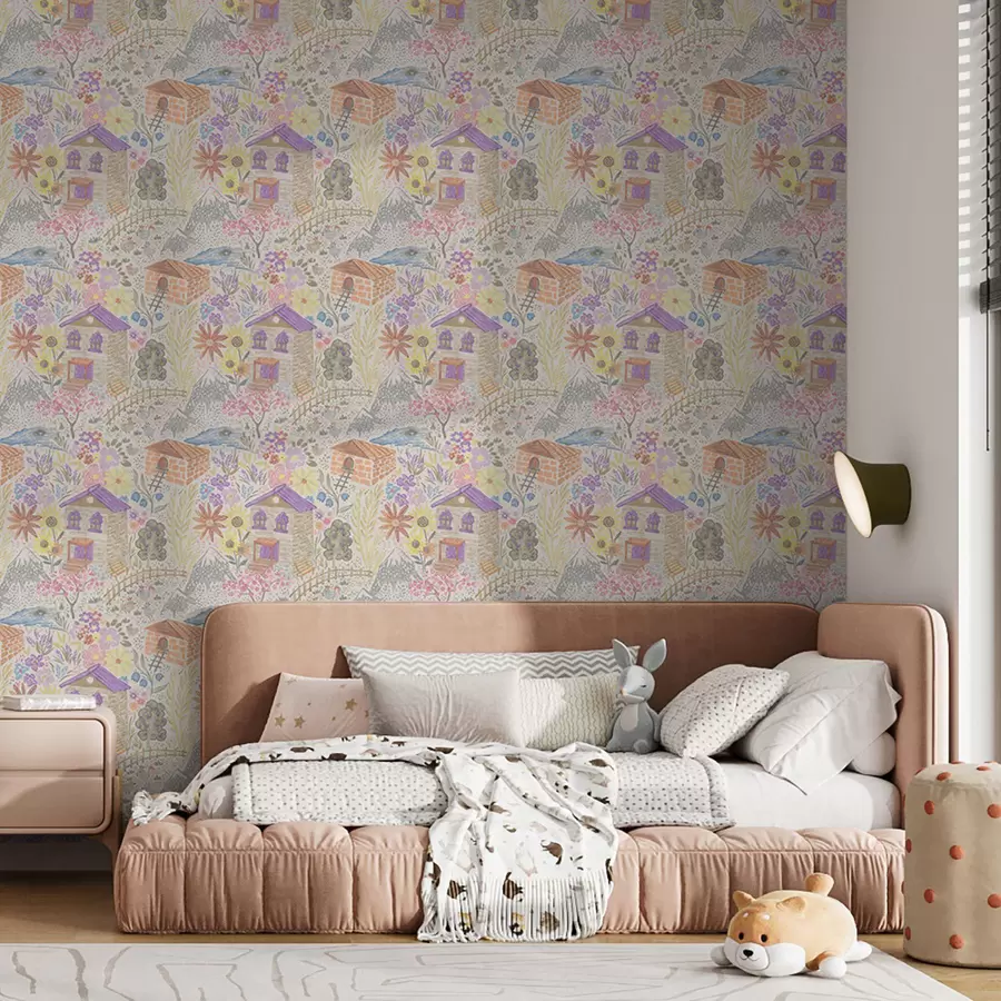 Fototapet Dětská kresba vesnice s domem, horami a květinami a00952