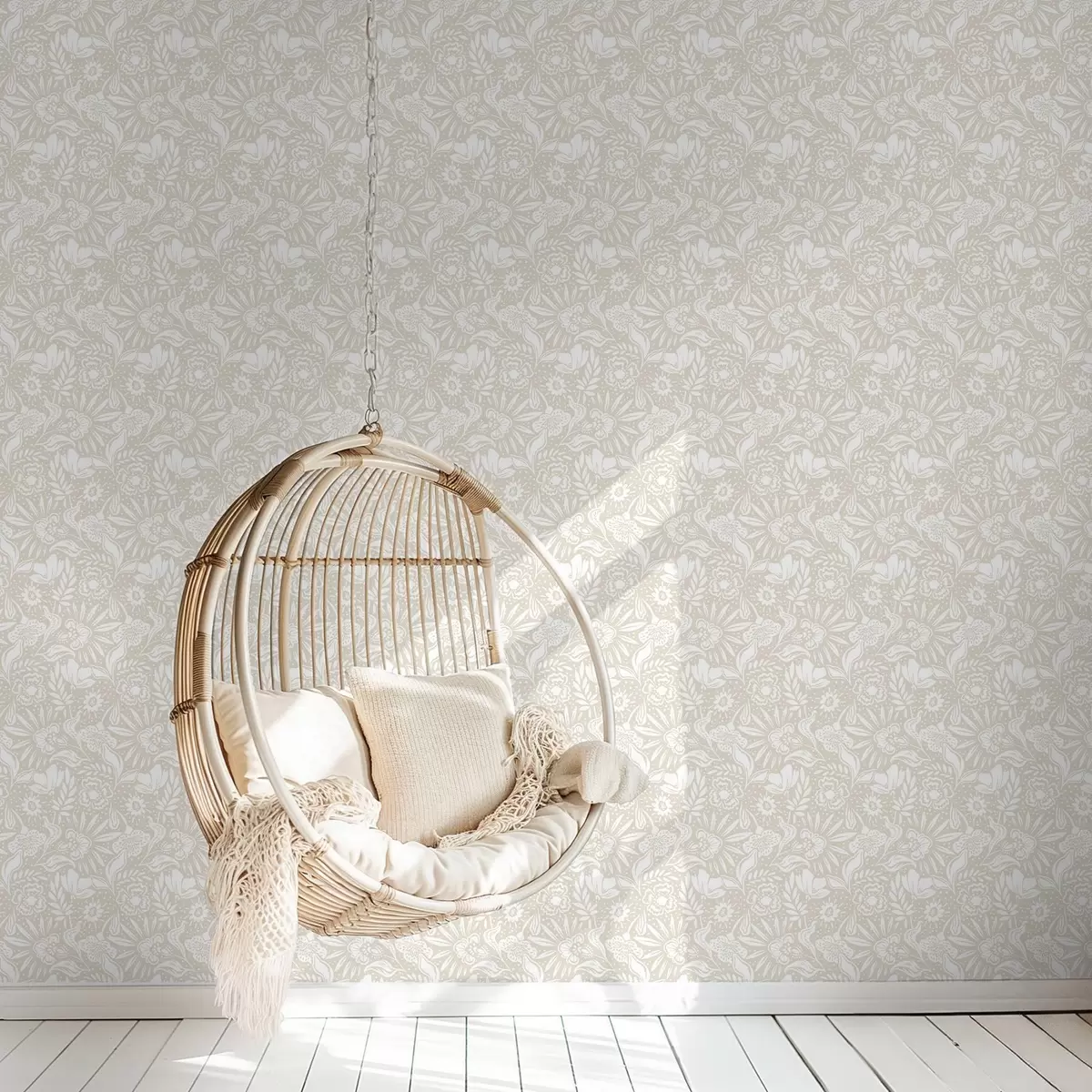 Tapety Bílý lineární květinový ornament na béžovém pozadí a00956