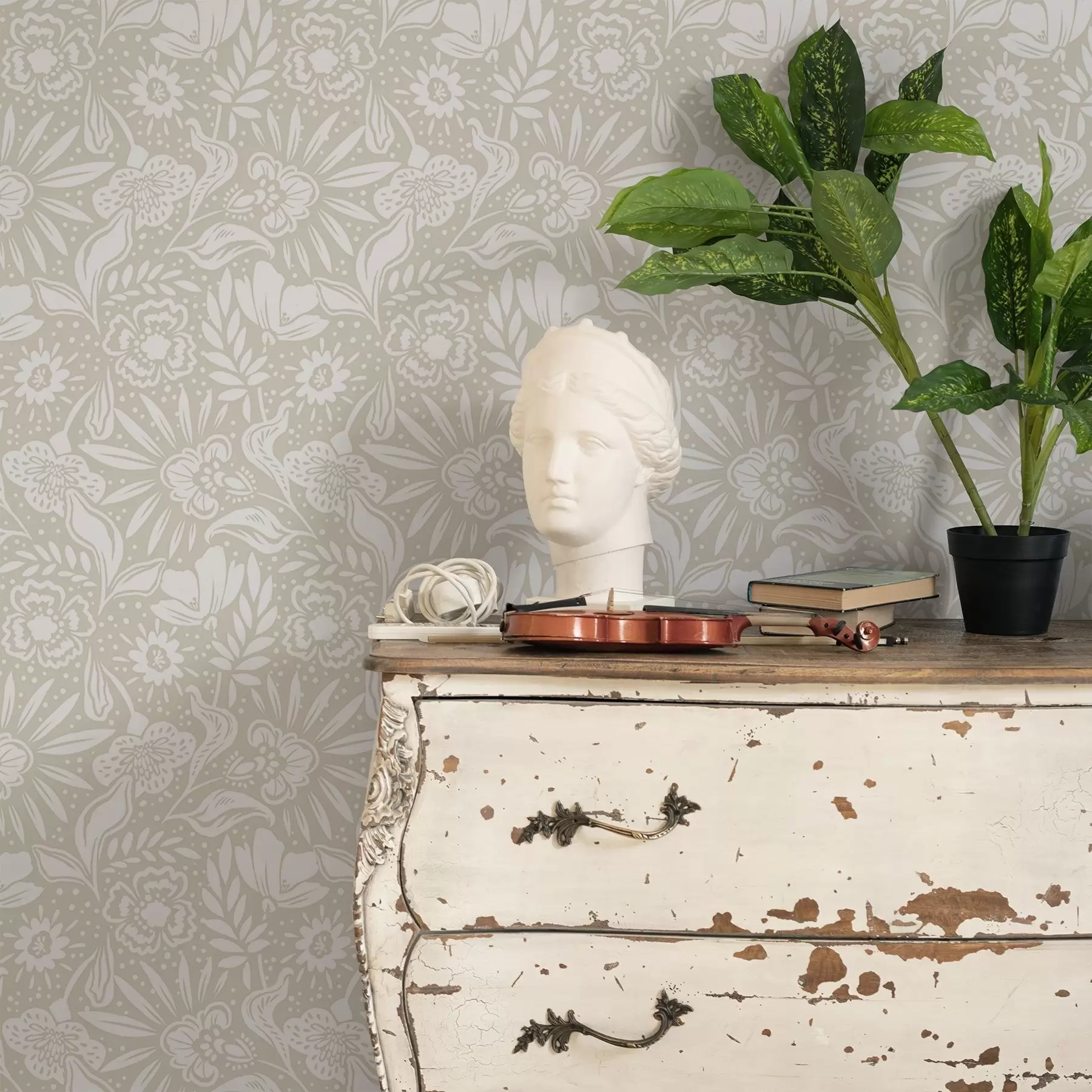 Fototapet Bílý lineární květinový ornament na béžovém pozadí a00956