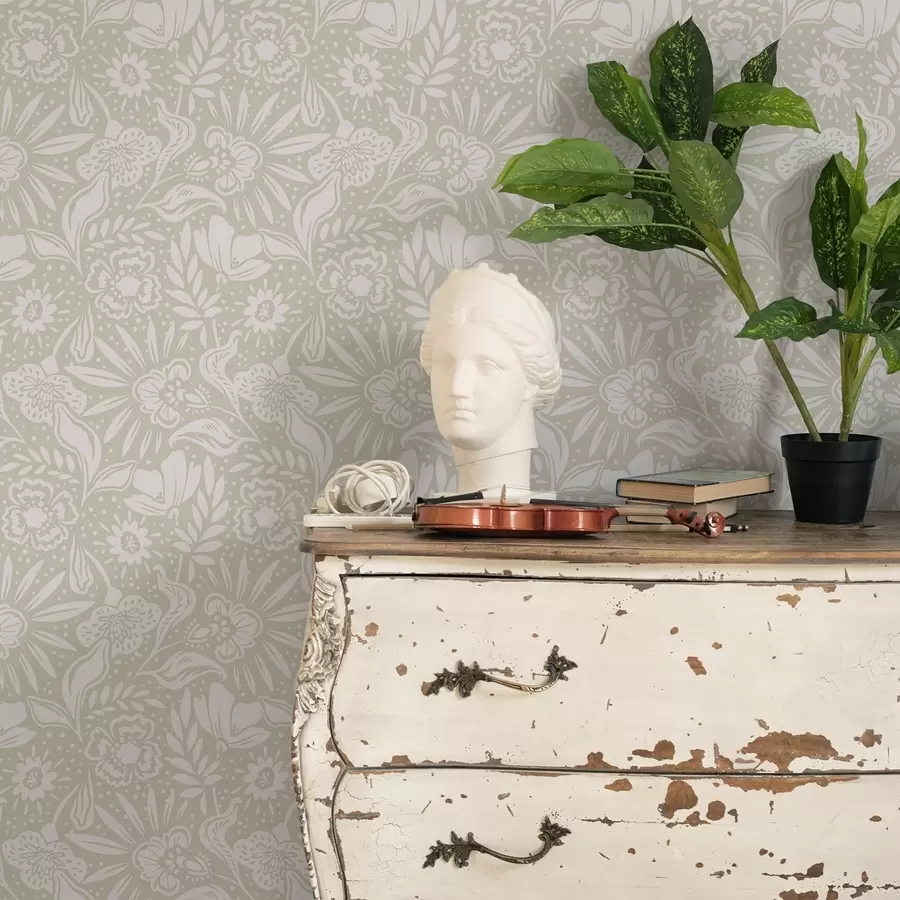 Fototapet Bílý lineární květinový ornament na béžovém pozadí a00956