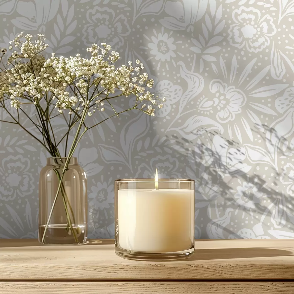 Tapety Bílý lineární květinový ornament na béžovém pozadí a00956