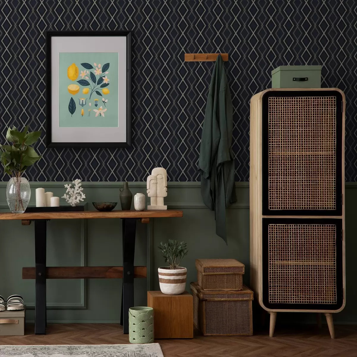 Tapety Tmavě modrá diamantová mřížka s tenkými světlými čarami a00975