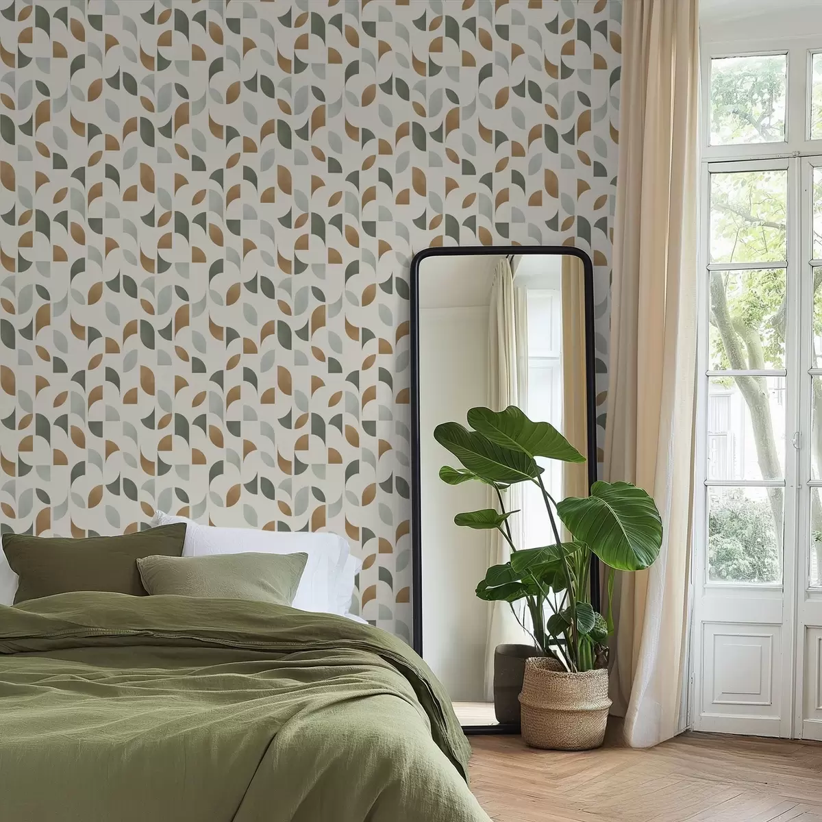 Tapety Abstraktní půlkruhy a listy v zelené a terakotové barvě a00985