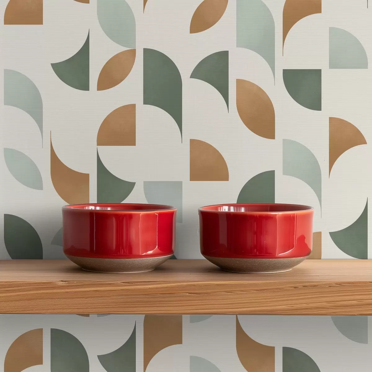 Tapety Abstraktní půlkruhy a listy v zelené a terakotové barvě a00985