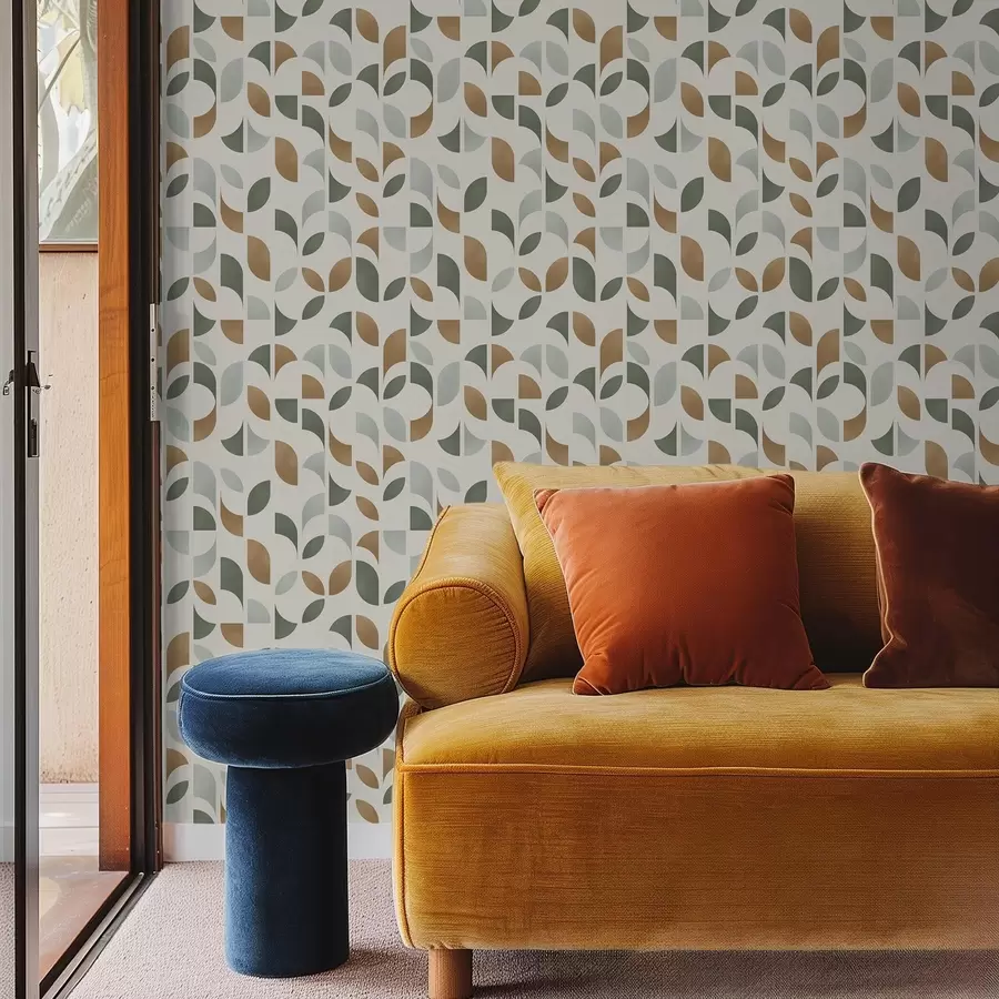 Fototapet Svislé sloupy z půlkruhů a listů, zelená terakota a00986