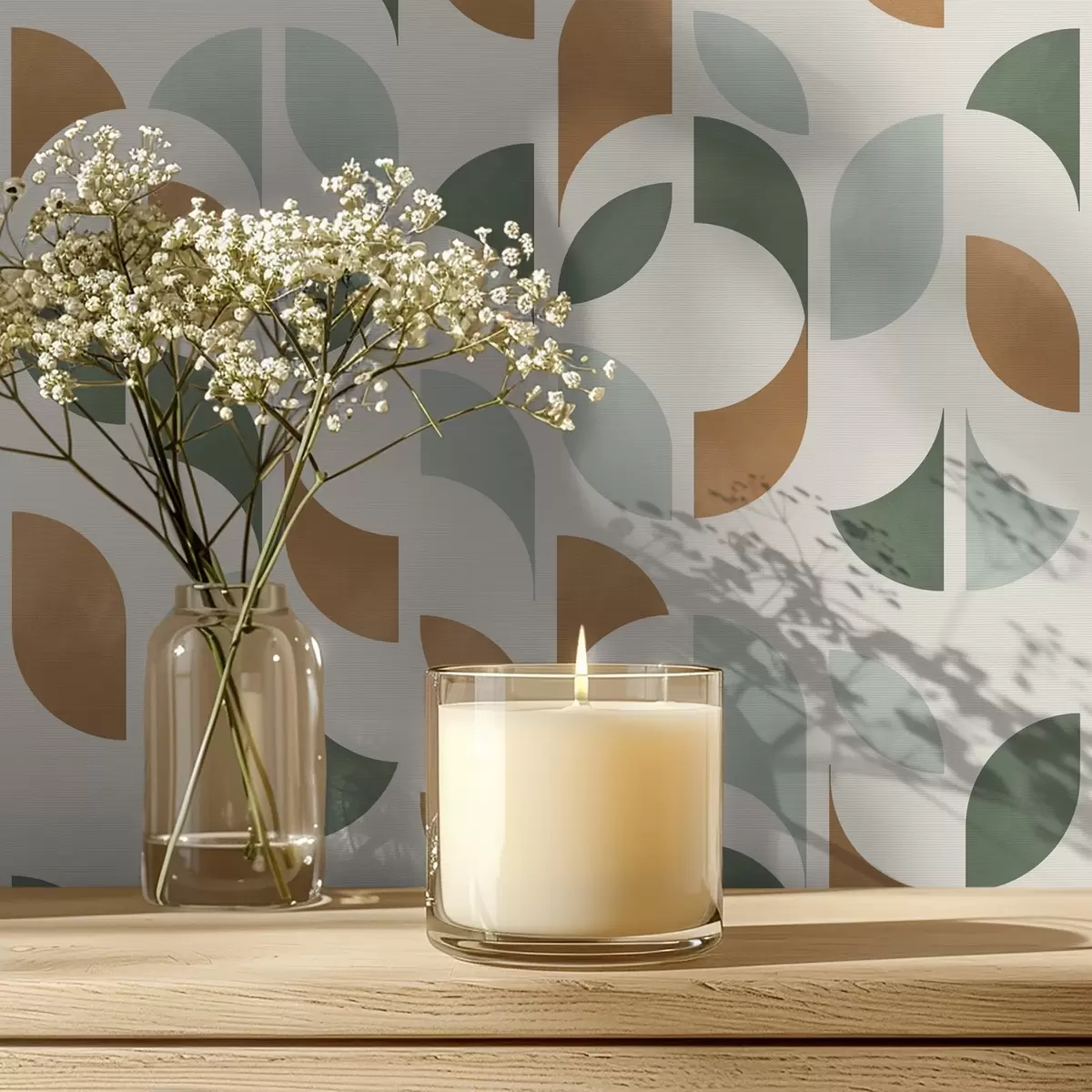 Tapety Svislé sloupy z půlkruhů a listů, zelená terakota a00986