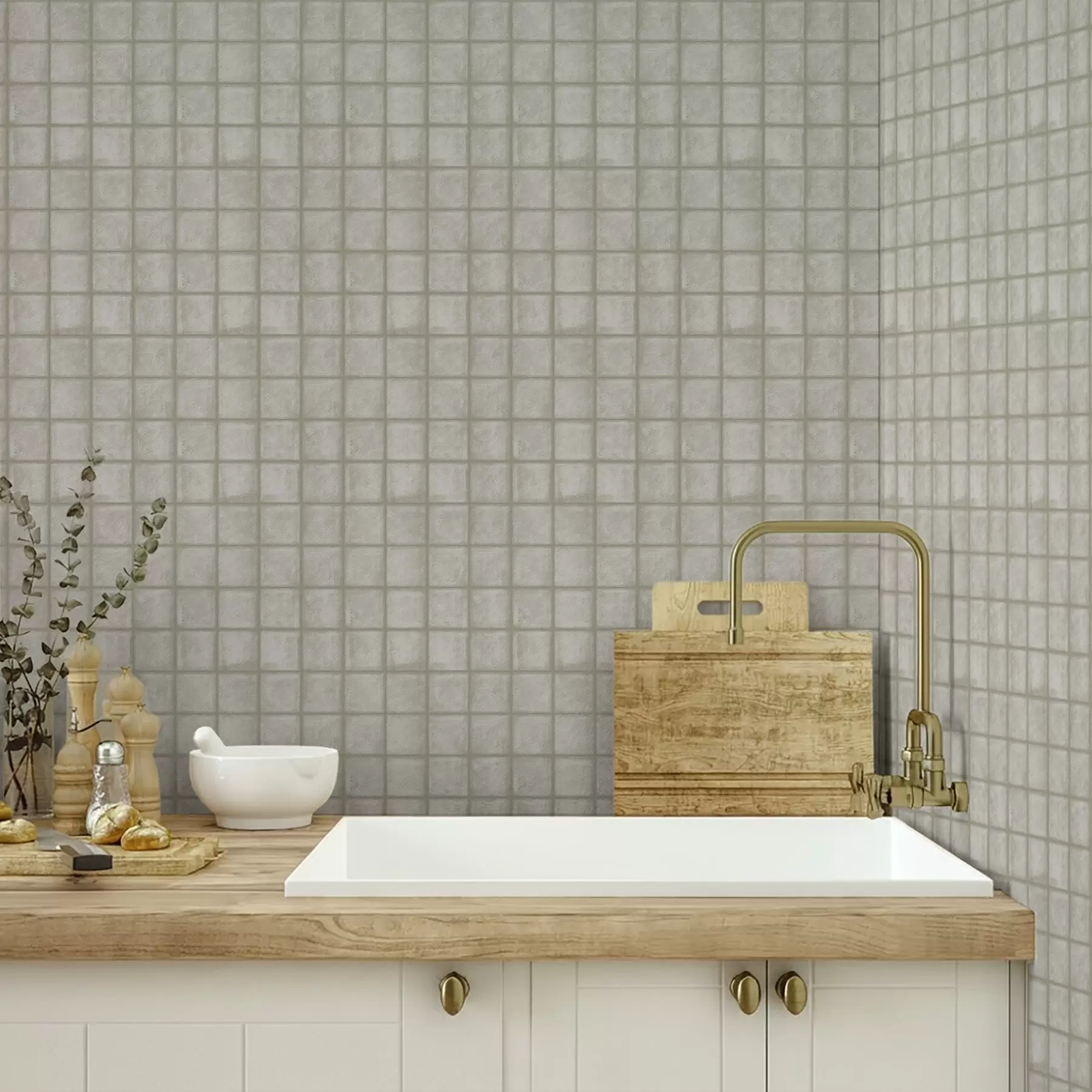 Fototapet Imitace čtvercových dlaždic v jemné šedozelené barevné paletě a00988