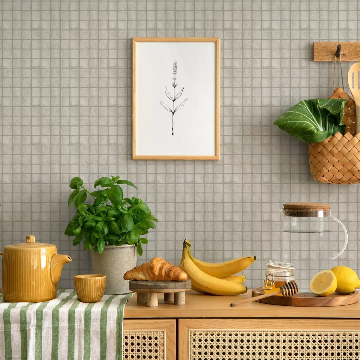 Tapety Imitace čtvercových dlaždic v jemné šedozelené barevné paletě a00988