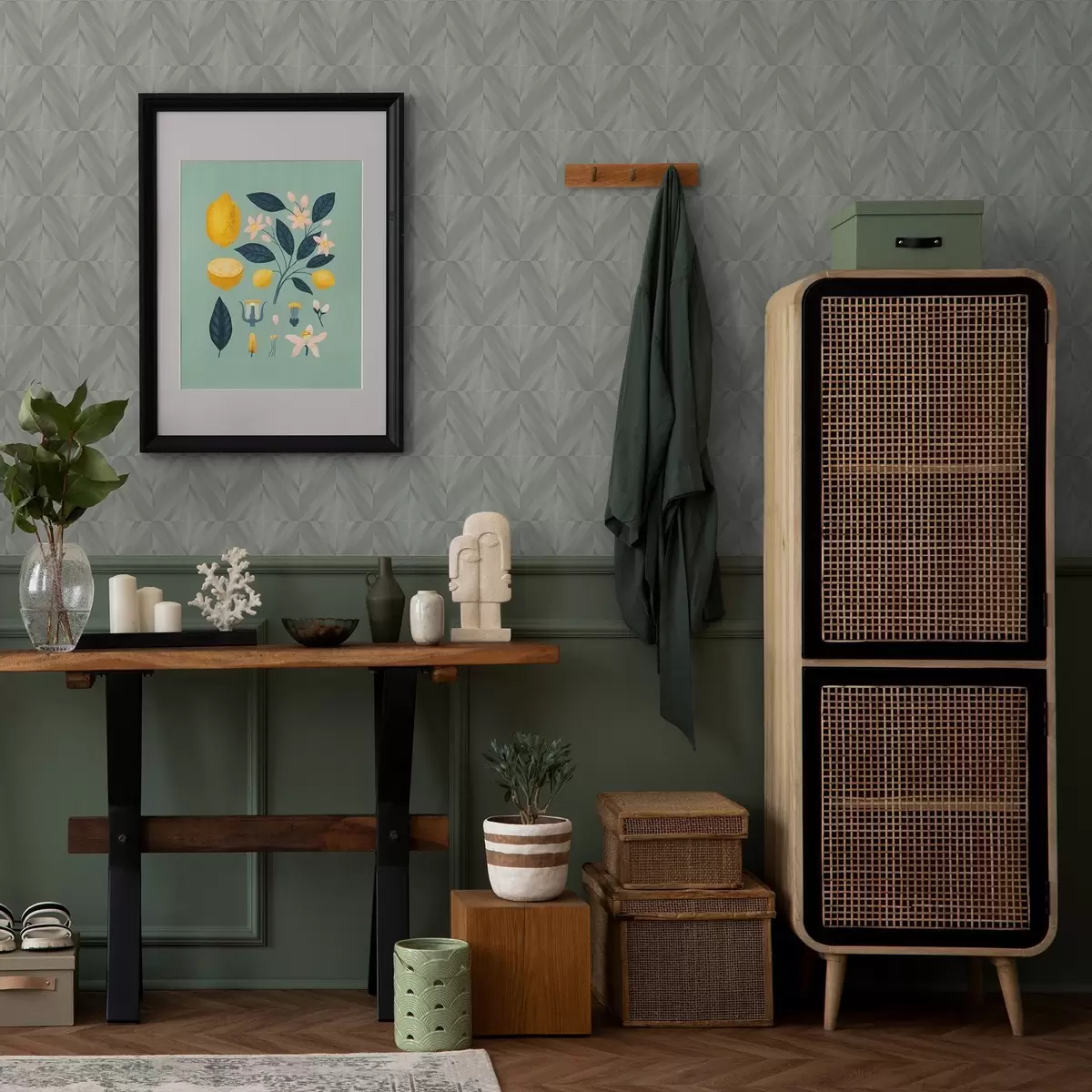 Tapety Diagonální tahy tvořící čtverce v mátově šedé paletě a00983v1