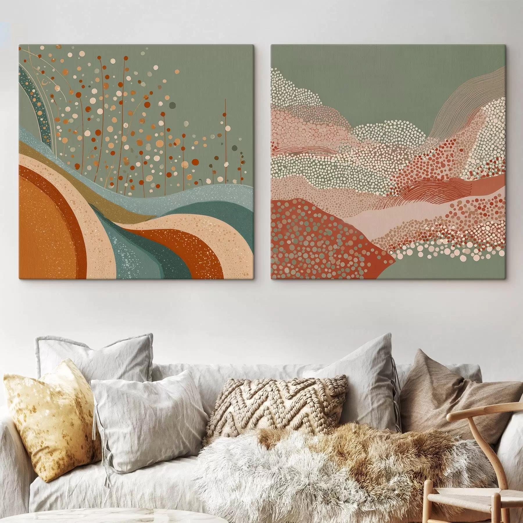 Obraz Dvoudílná abstraktní krajina s tečkovanými a vlnitými prvky Č. m00987