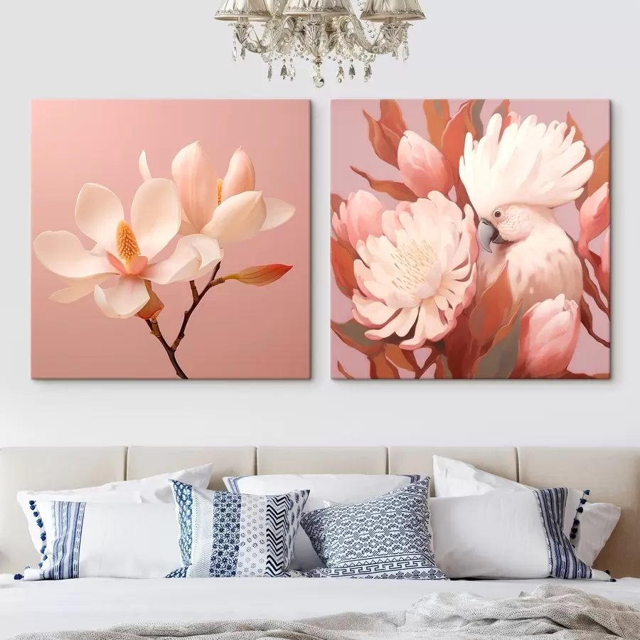 Obraz Květinová kompozice s ptákem v uměleckém ilustračním stylu Č. m00994