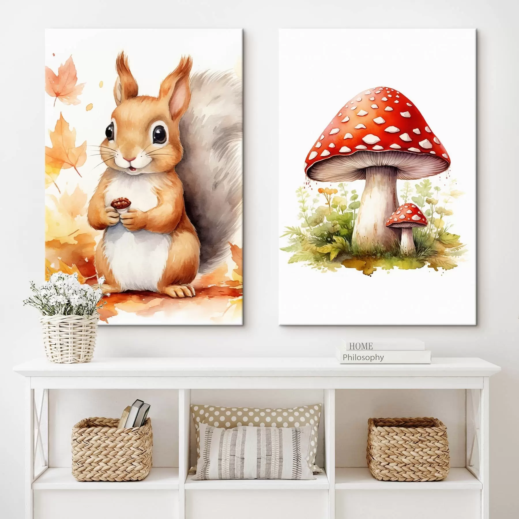 Obraz Veverka a lesní houba, muchomůrka, imitace akvarelu Č. m01049