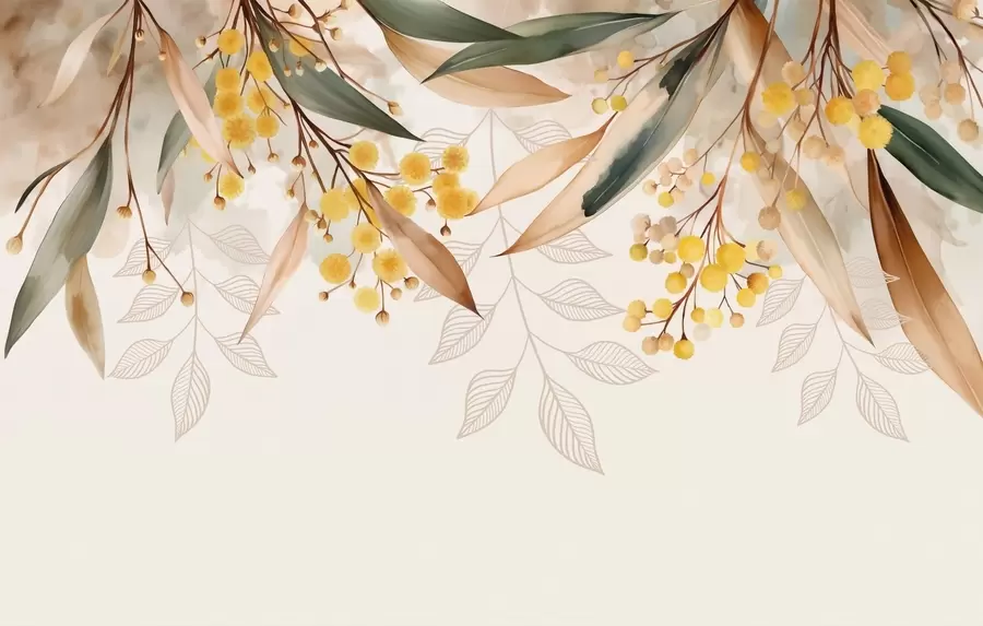 Fototapet květy a listy mimózy padající shora v akvarelovém stylu w04880