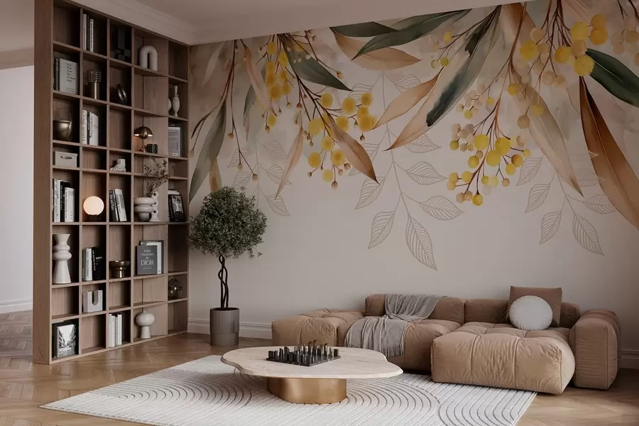 Fototapet květy a listy mimózy padající shora v akvarelovém stylu w04880