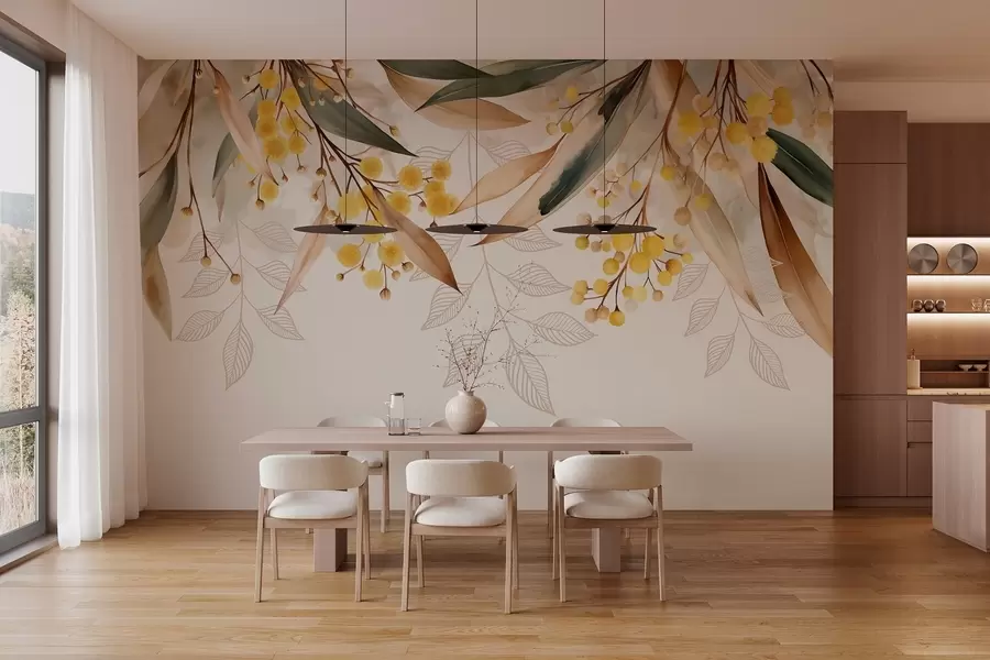 Fototapet květy a listy mimózy padající shora v akvarelovém stylu w04880