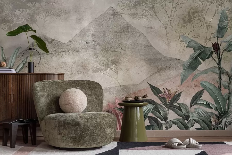 Fototapet Pastelové banánové listy a tropické květiny na pozadí hor w04933