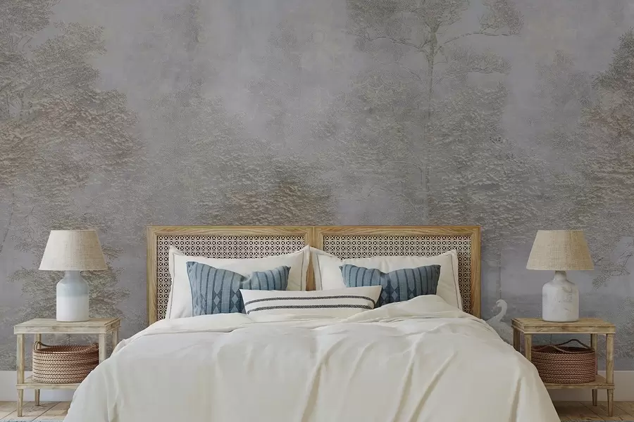 Fototapet Zamlžený les s bílou volavkou a jemnou texturou w04953