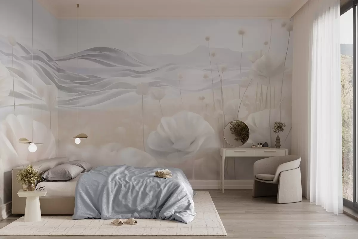 Fototapet Texturované pole krémových máků s kopcovitým terénem pod bledě modrou oblohou s měkkými mraky, pastelové barvy w09553