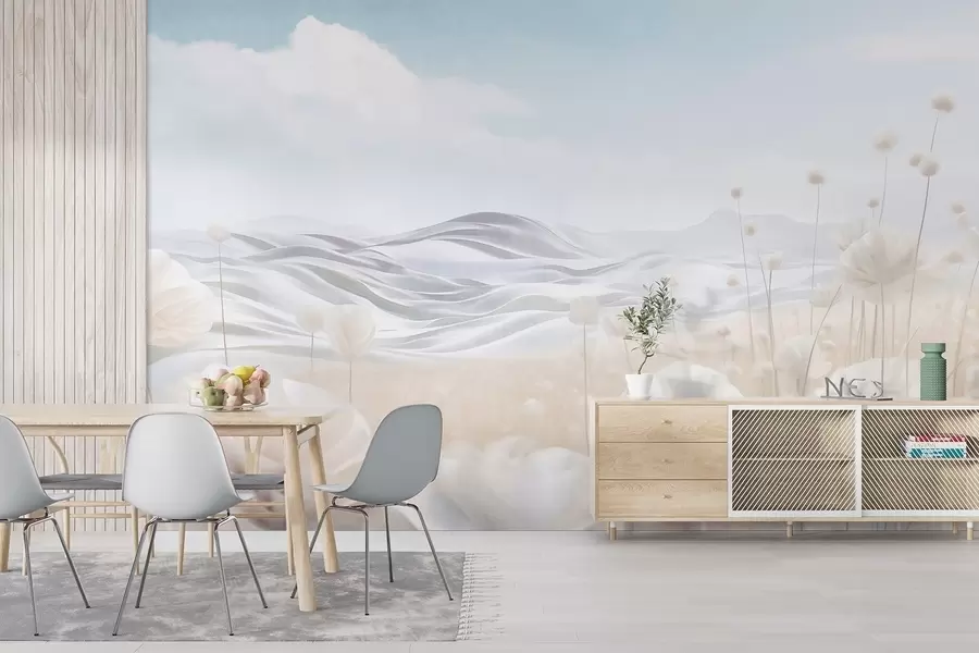 Fototapet Texturované pole krémových máků s kopcovitým terénem pod bledě modrou oblohou s měkkými mraky, pastelové barvy w09553