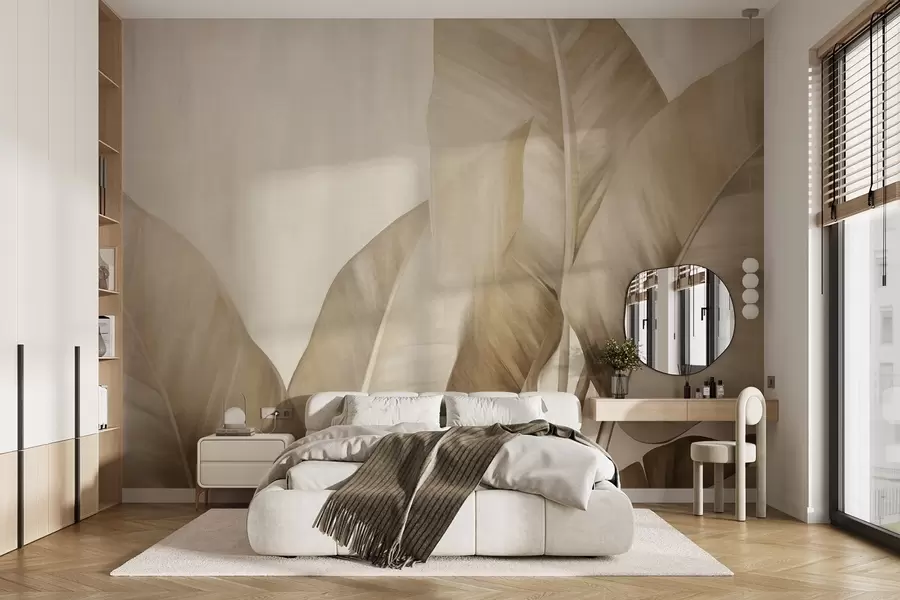 Fototapet Velké, světle hnědé banánové listy s texturou na světle béžovém pozadí, s jemnou a minimalistickou estetikou w09586