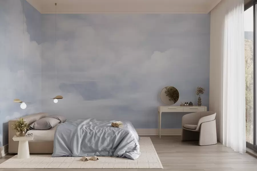 Fototapet Pastelová texturovaná obloha plná bílých mraků s jemnou a minimalistickou estetikou w09589