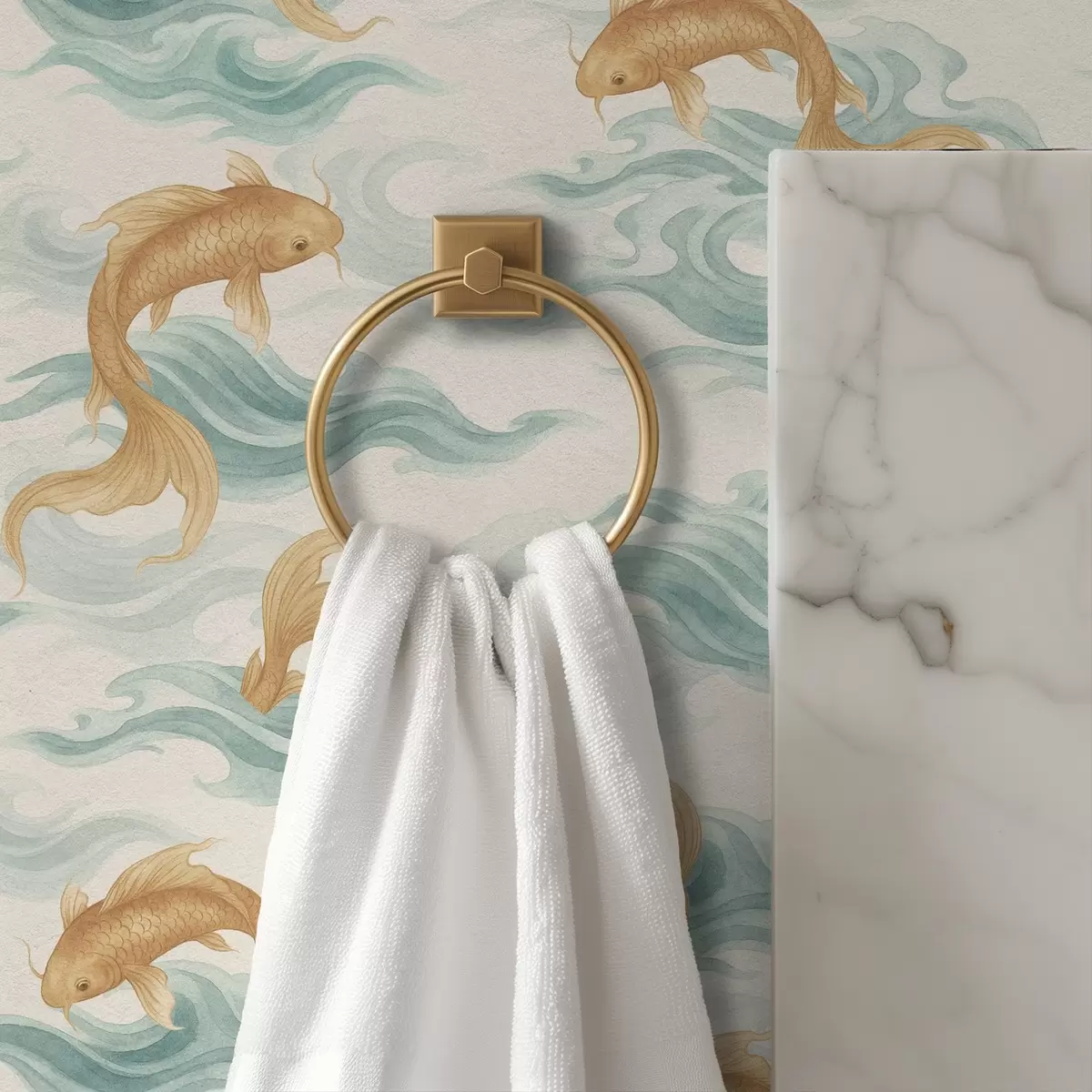 Tapety Jantarová koi ryba plavající mezi jemnými tyrkysovými vlnami a00894