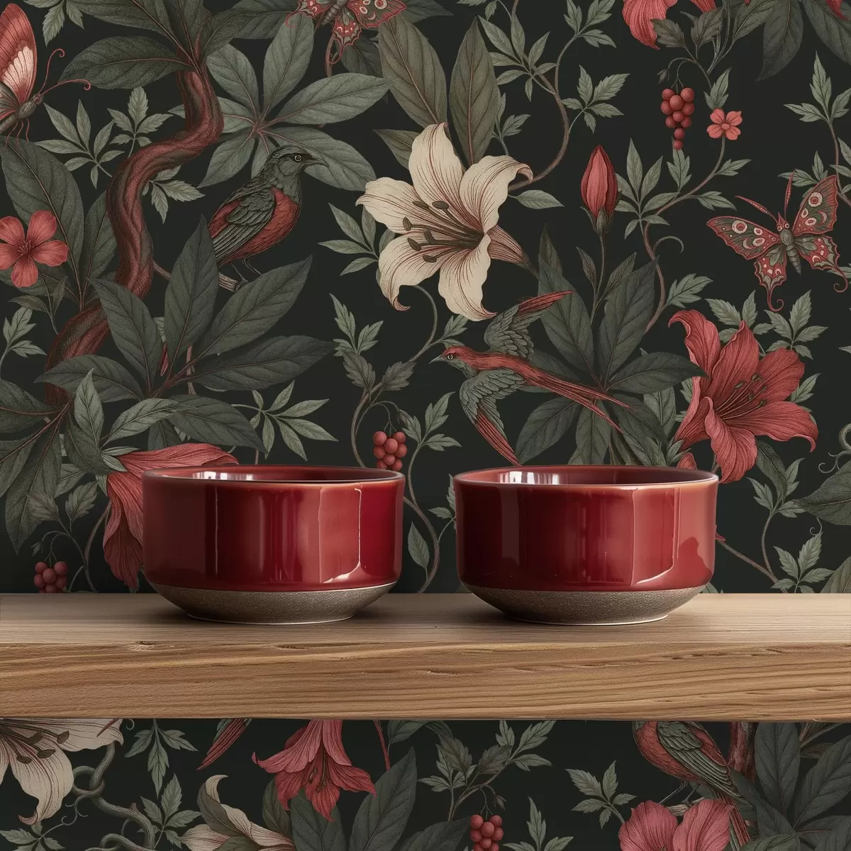 Tapety Tmavé květinové motivy z džungle s ptáky a motýly a00895