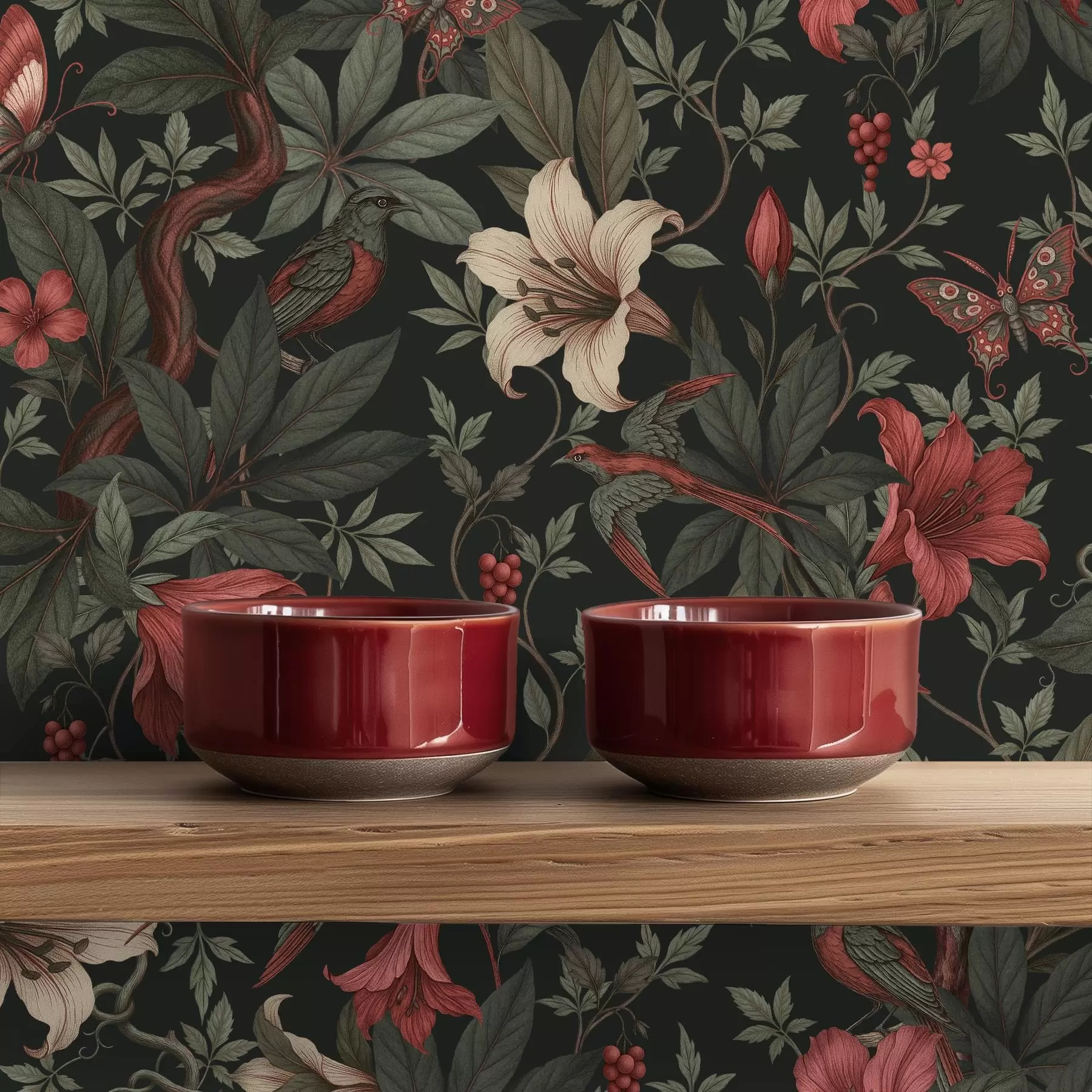 Fototapet Tmavé květinové motivy z džungle s ptáky a motýly a00895