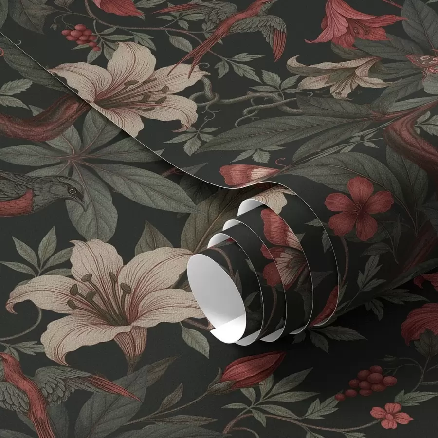 Fototapet Tmavé květinové motivy z džungle s ptáky a motýly a00895