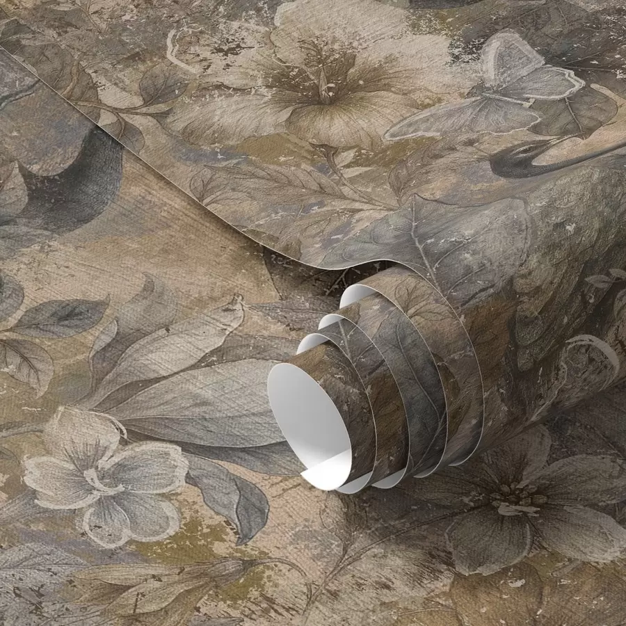 Fototapet Stárnoucí květinová koláž s pávy a motýly a00897