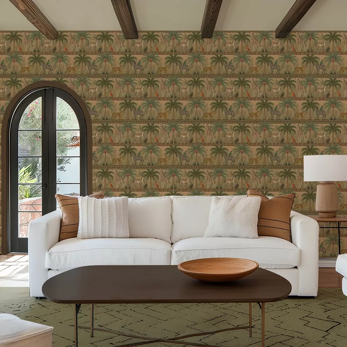 Tapety Dekorativní savanová zvířata mezi palmami a okraji a00898