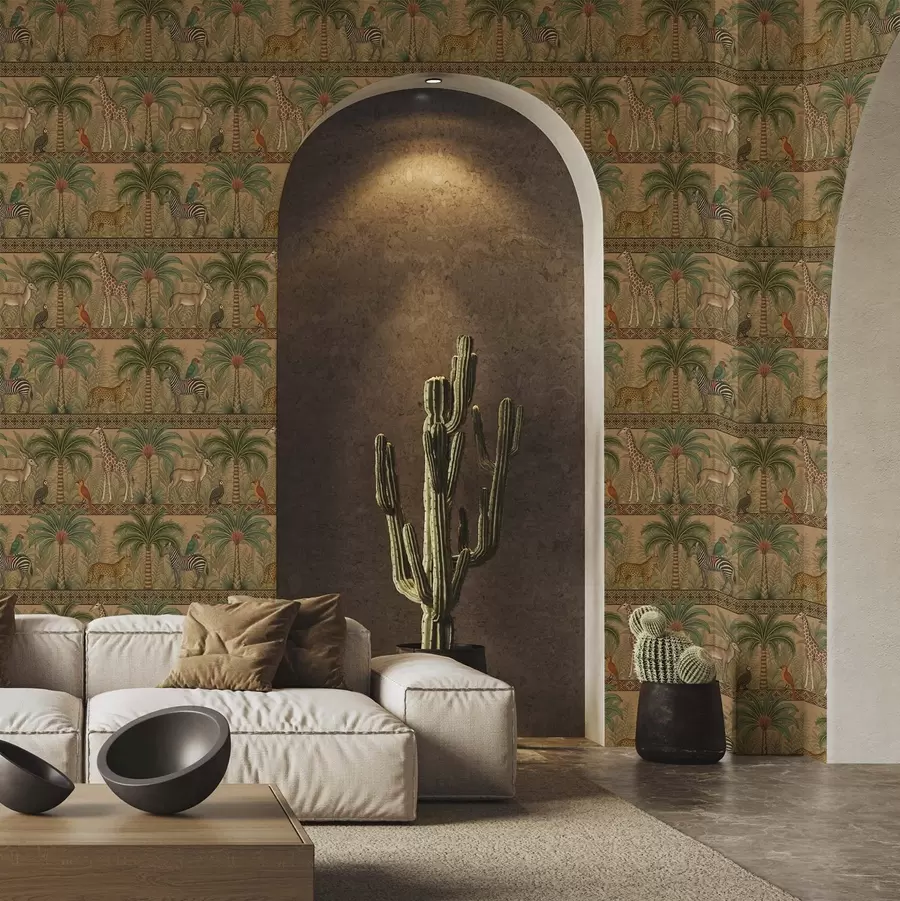 Fototapet Dekorativní savanová zvířata mezi palmami a okraji a00898